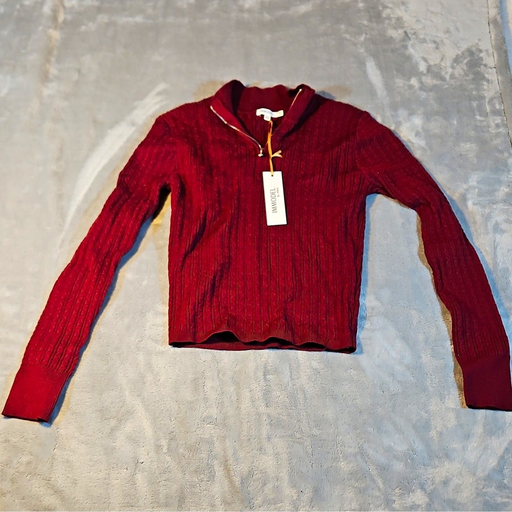 IMMODEL Burgundy Rib Knit Mock Neck 1/4 Zip Pullover Sweater Long Sleeve L